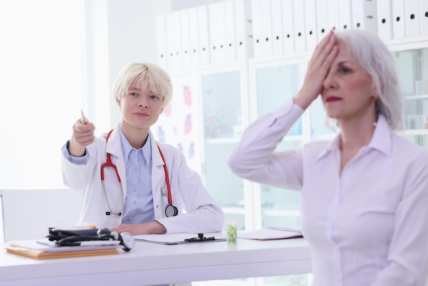 Female ophthalmologist points to letters on Snellen chart