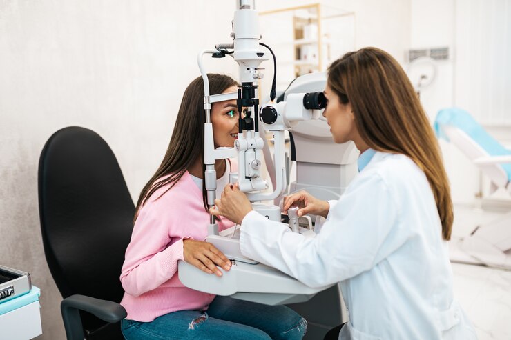 Photo female optometrist checking patient's vision at eye clinic. healthcare and medical concept.
