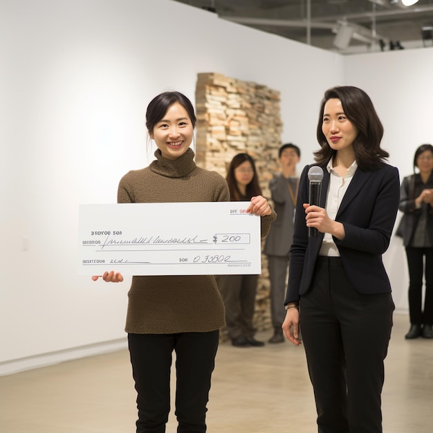 Photo female painter receives a grant creative grant ceremony