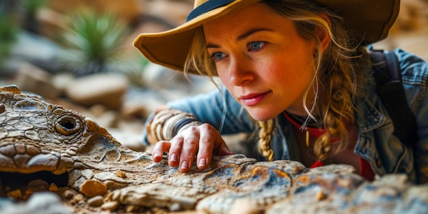 Female Paleontologist with Dinosaur Fossil Close encounter with the past by a female paleontologist