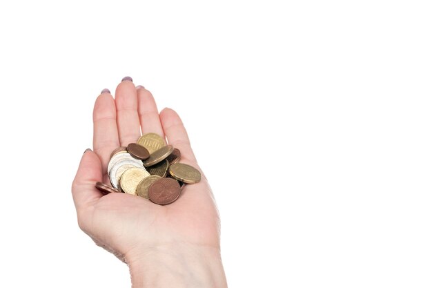 female palm with a bunch of euro coins isolated on white background