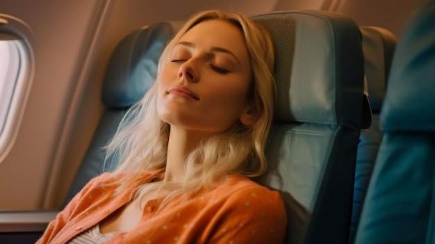 Female passenger dozing off on her seat during a lengthy transatlantic journey Generative AI commercial air transportation