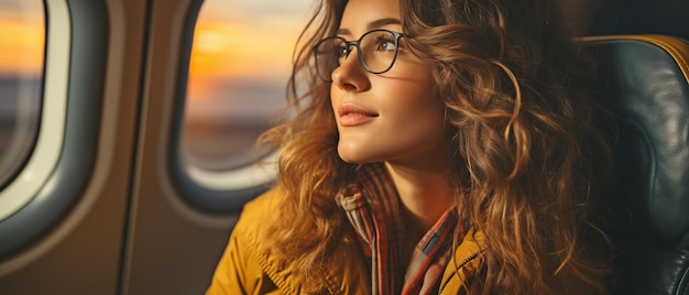 A female passenger is in the aircraft Girl travelling on vacation and seated in an aeroplane gazing out the window