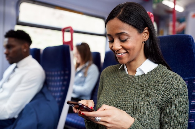 携帯電話を見て電車の中で座っている女性の乗客