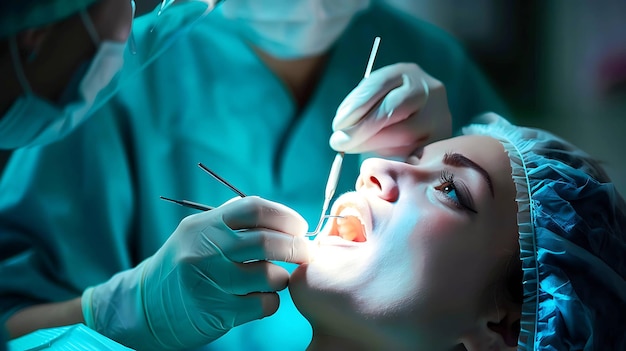 A female patient is having her teeth examined by a dentist