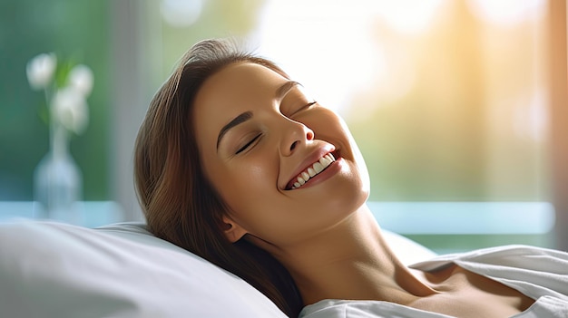 A female patient lying satisfied smiling at modern hospital patient bed health medical Generative Ai