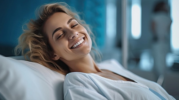 A female patient lying satisfied smiling at modern hospital patient bed