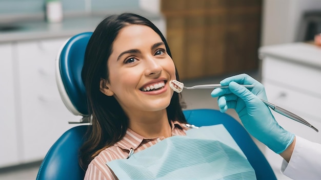 치과 의자 에 앉아 전문적 인 위생 을 하고 있는 여성 환자
