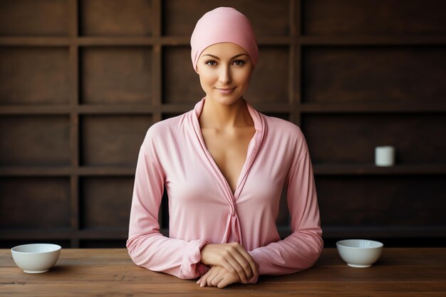 암 을 고 있는 분홍색 셔츠 를 입고 미소 짓는 여성 환자
