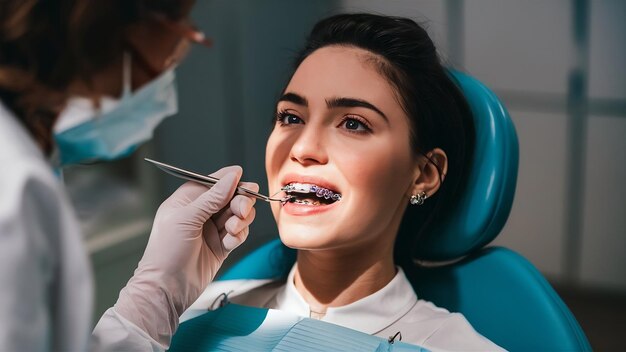 Female patient with braces has dental examination at dentist office woman wearing white clothes