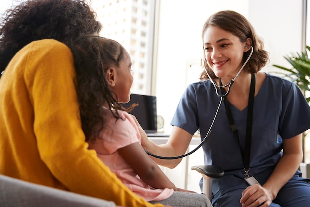 female pediatrician wearing scrubs listening to girls chest with stethoscope in hospital office
