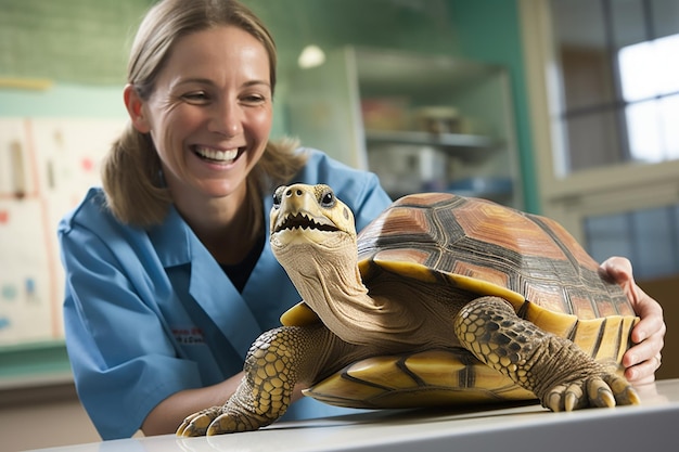 Foto un veterinario femminile con una tartaruga in una clinica veterinaria sullo sfondo in stile bokeh