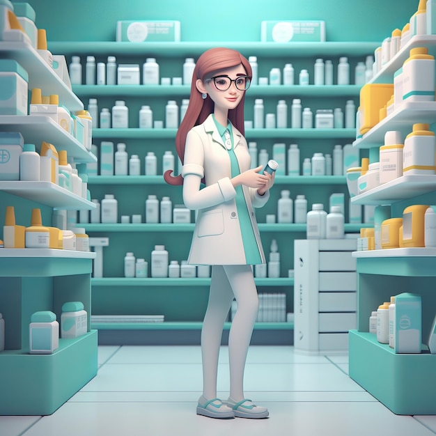 Foto personaggio dei cartoni animati di farmacista femminile