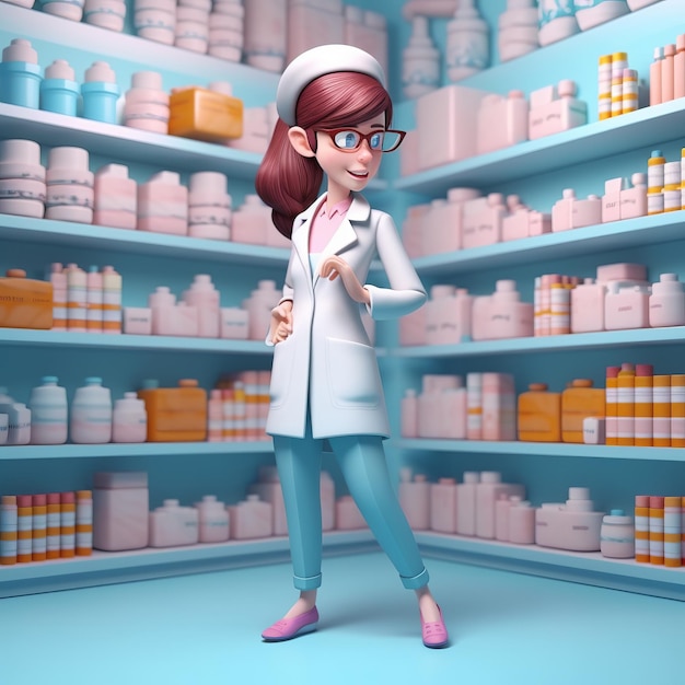 Foto personaggio dei cartoni animati di farmacista femminile