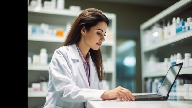 Photo female pharmacist at the counter of a pharmacy