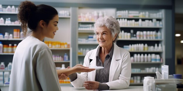 Photo female pharmacist selling medications at drugstore