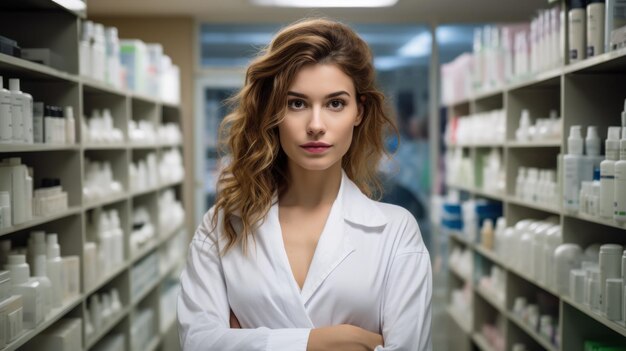 Женщина-фармацевт стоит в аптеке Иллюстрация AI GenerativexA