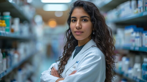 Female pharmacist standing in the pharmacy shelves