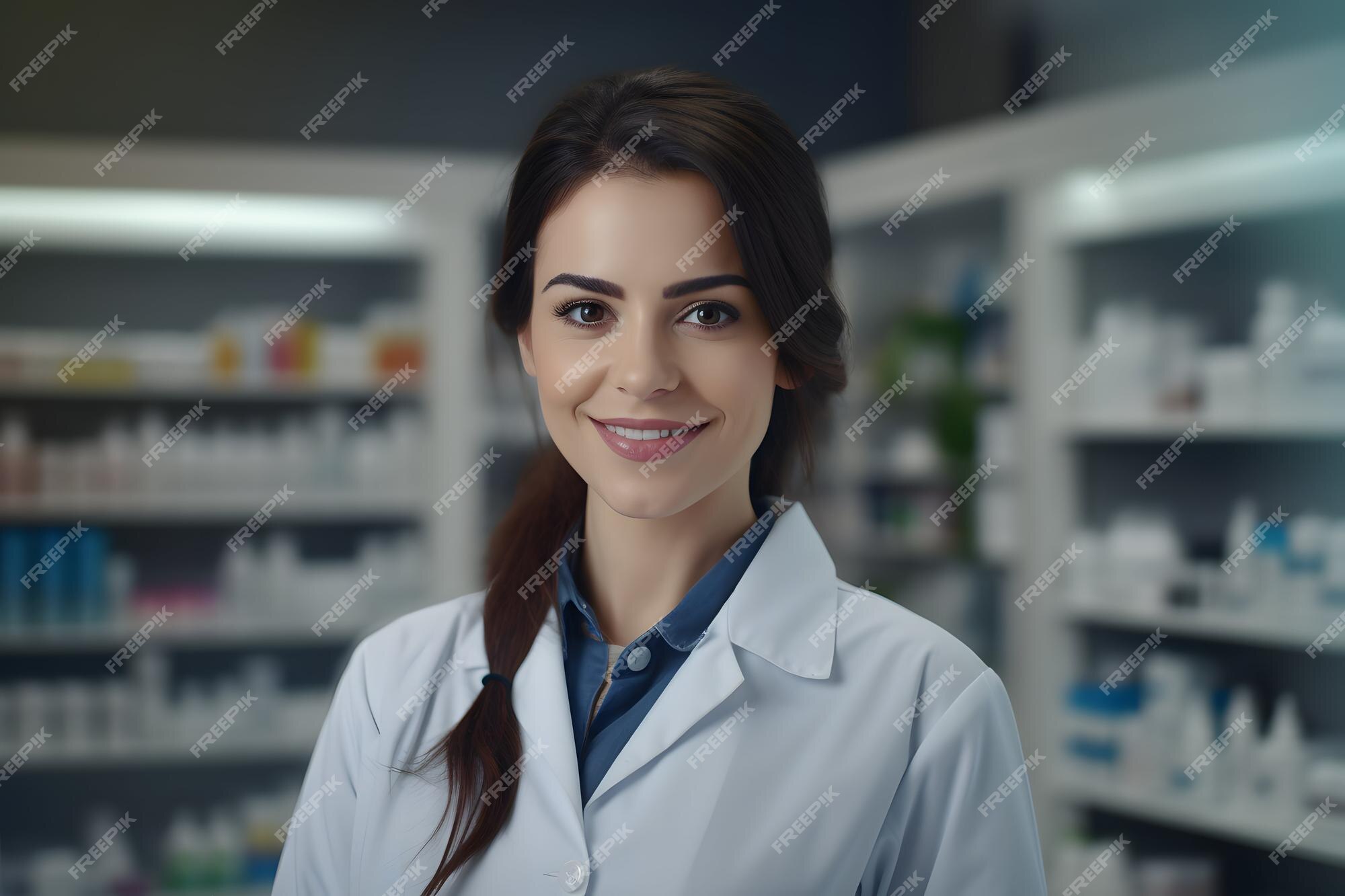 Premium AI Image | A female pharmacist in a white lab coat standing in ...