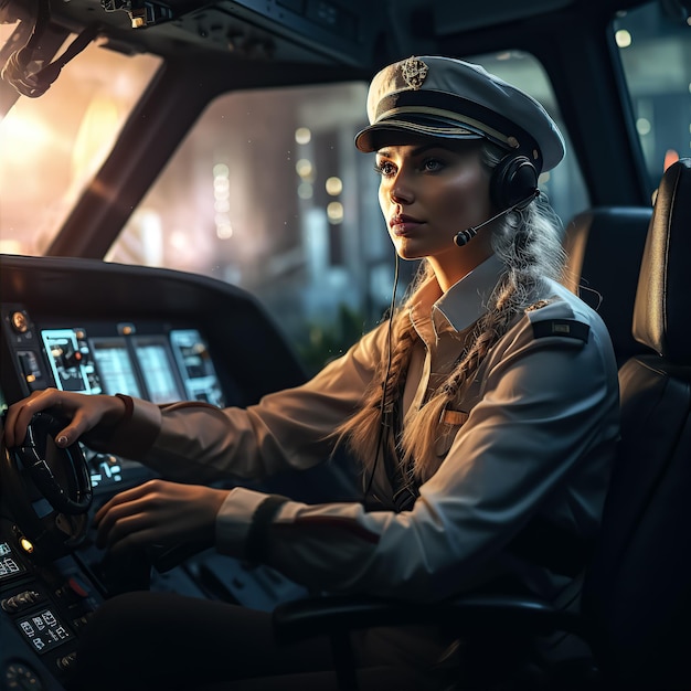 コックピットでパイロットの帽子をかぶった女性薬剤師