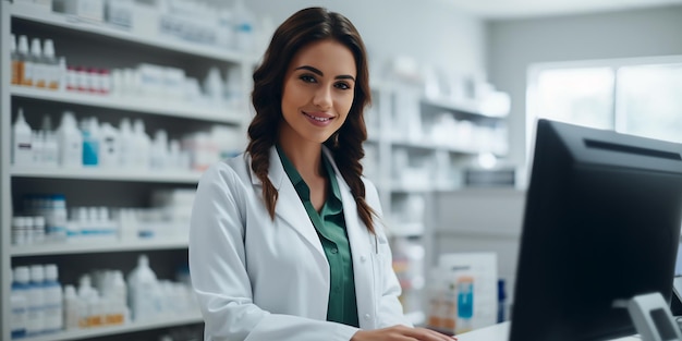 薬局や薬局で働く女性薬剤師