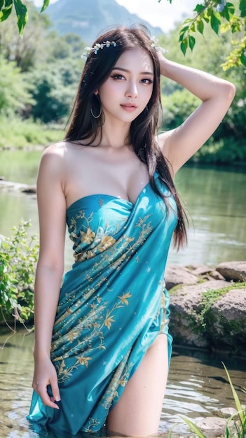 a female photo with a waterfall in the background