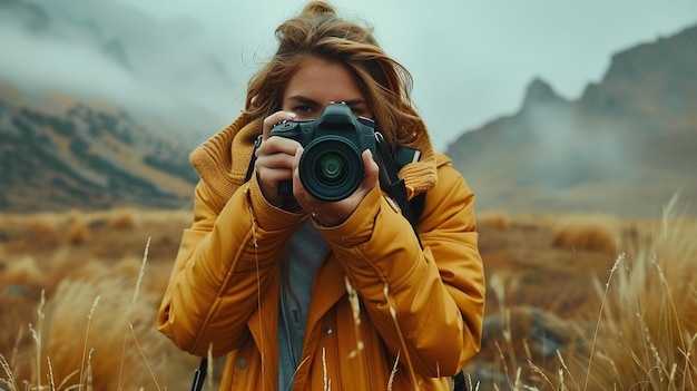 Photo female photographer focuses lens among tall grasses in hazy field closeup image ai generated