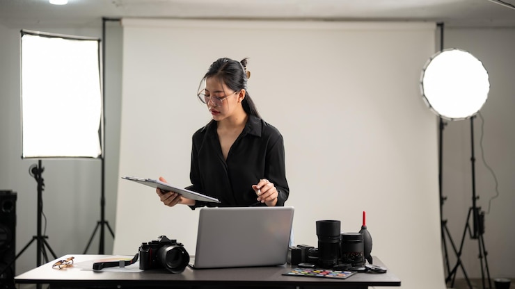 Photo 一位女攝影師正在工作室工作,專注在剪貼板上檢查拍攝細節