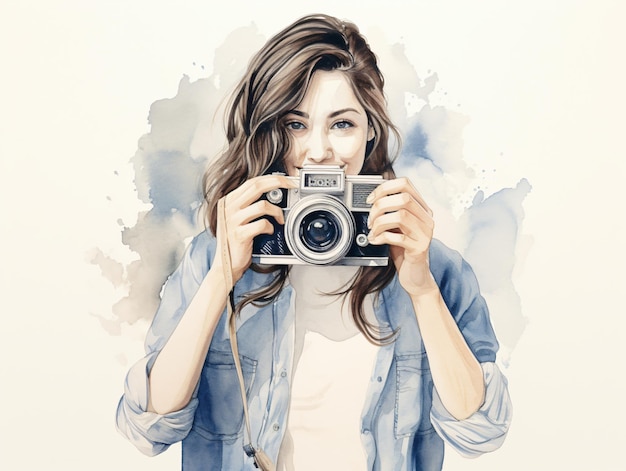 Female photographer with a vintage retro film camera on a white background watercolor illustration