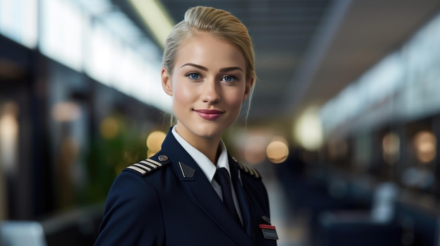 飛行機の前で女性パイロット