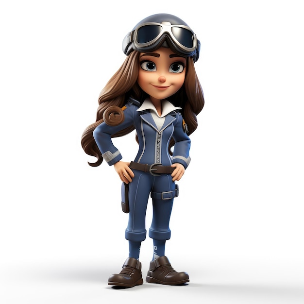 Photo female pilot in three dimensional cartoon style against white background