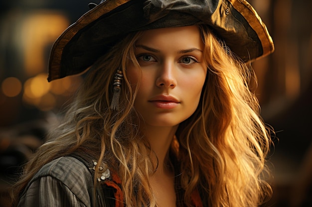 Photo female pirate ancient times sea ocean ship hat saber woman girl lady beautiful pretty cute dressed elegance old time maritime robbery