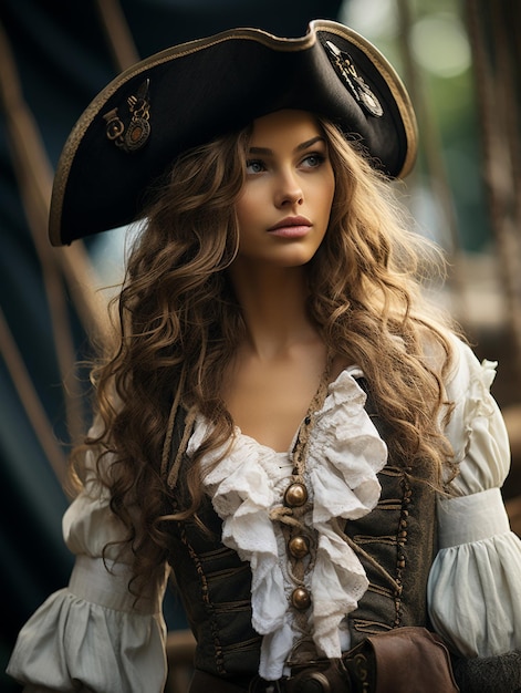 Female pirate ancient times sea ocean ship hat saber woman girl lady beautiful pretty cute dressed elegance old time maritime robbery