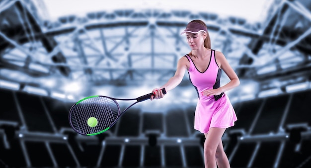 Female player with a tennis racket and a sports arena background