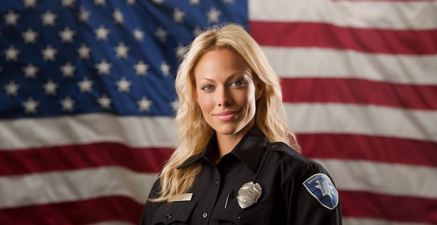 Female police officer of America Portrait of a blond beautiful woman in police uniform golden