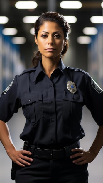 Photo a female police officer stands in front of a building