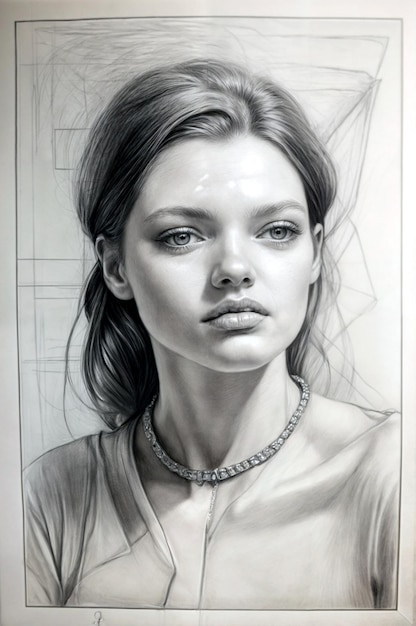 Female portrait drawn with hard pencil