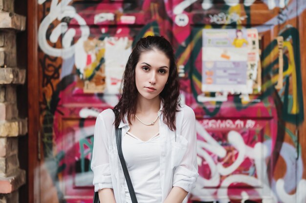 female portrait on graffiti. High quality photo