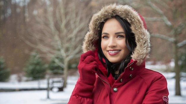 写真 赤い冬のジャケットを着た女性のポートレート