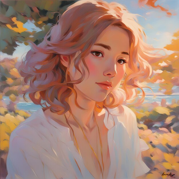 Photo female portrait painting in the style of soft romantic landscapes