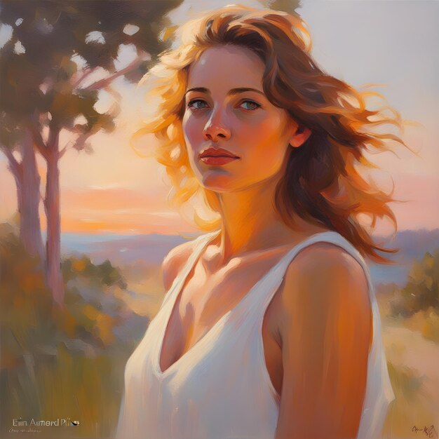 female portrait painting in the style of soft romantic landscapes