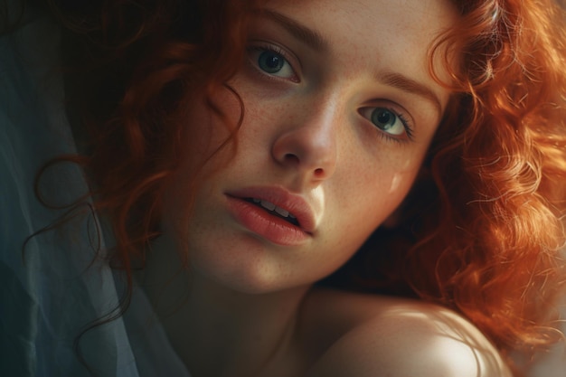 Photo female portrait sexy sensual cute young redhaired woman with freckles looking at camera