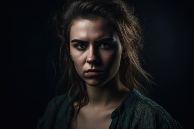 Female portrait showcasing anger and defiance in a moody and dramatic studio setting with deep