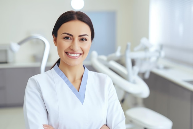 Женский портрет улыбающегося армянского стоматолога на фоне стоматологического кабинета