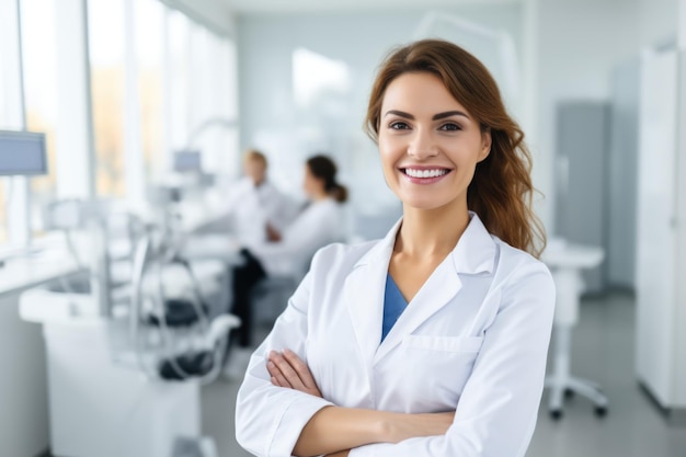 Foto ritratto femminile di un dentista austriaco sorridente sullo sfondo di uno studio dentistico
