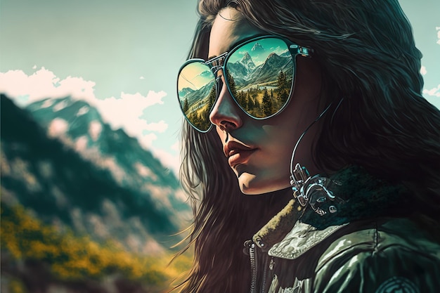 Female portrait wearing sunglasses with wondrous reflection of sky and mountain