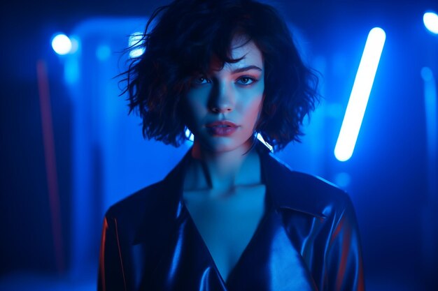 Female posing in blue neon light in studio interior