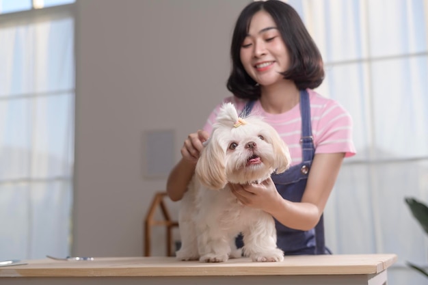 ペットスパグルーミングサロンでヘアカットと犬の毛皮をとかす女性プロトリマーx9