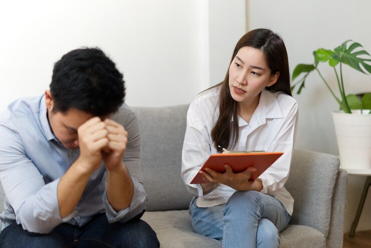 ストレスの多い男性患者への相談を行う女性専門心理士。
