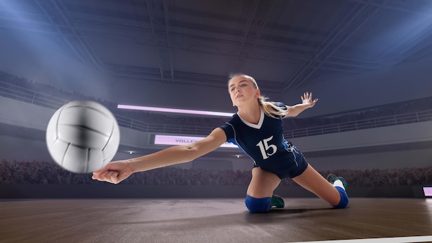 Female professional volleyball players in action on 3d stadium